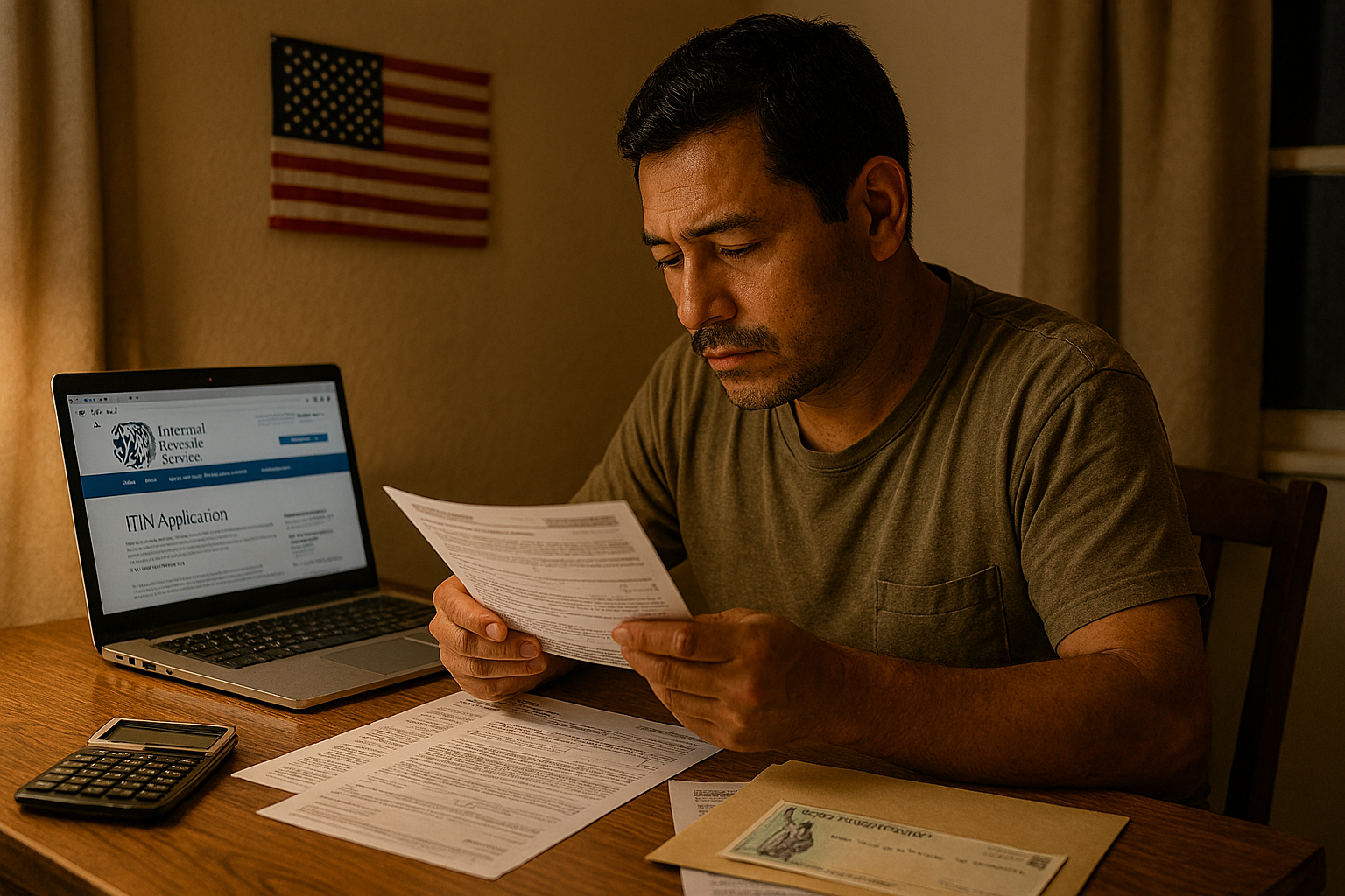 Latino en Estados Unidos revisando impuestos con formularios ITIN para recibir reembolso
